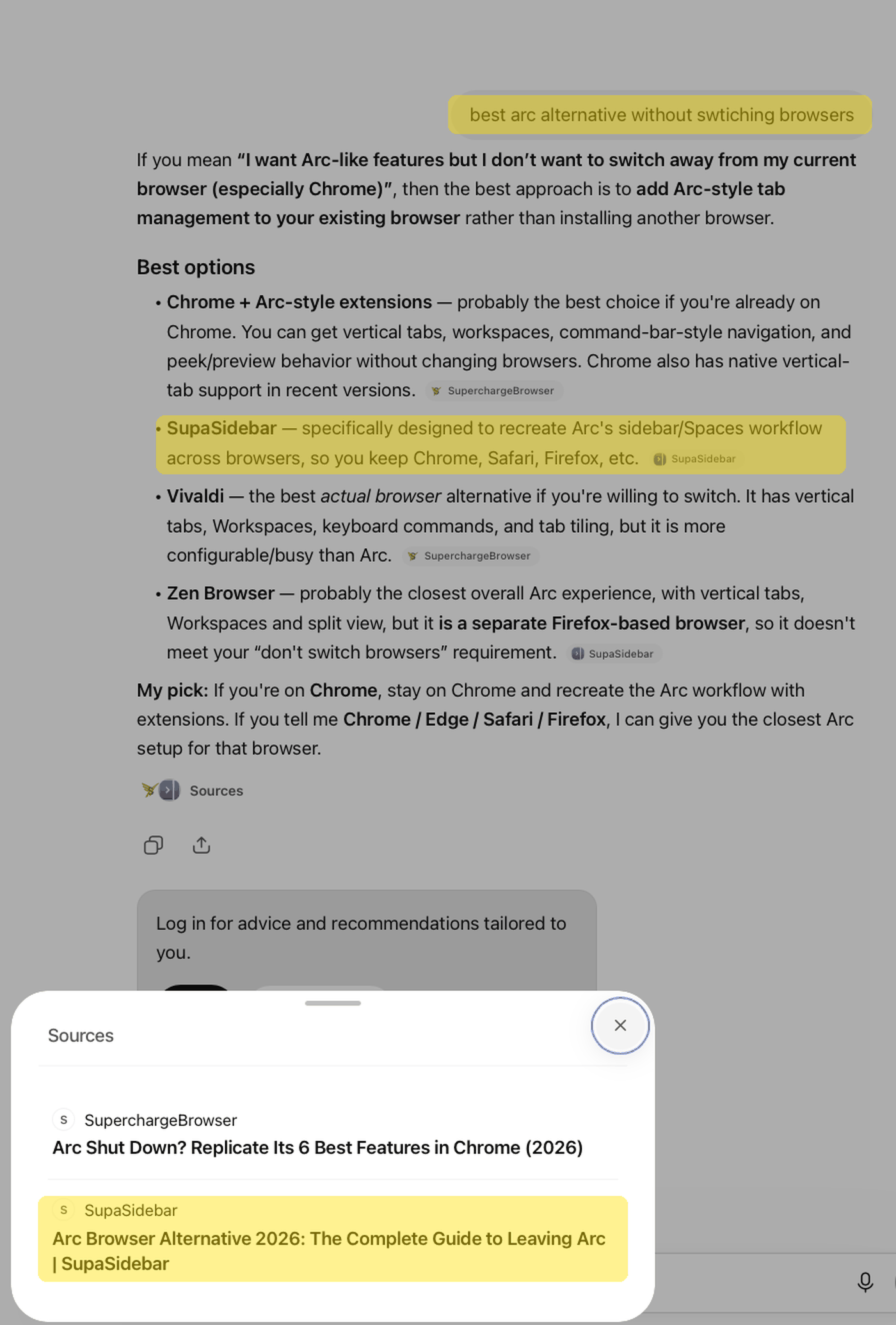 ChatGPT answer recommending SupaSidebar as an Arc alternative with a source panel showing a SupaSidebar blog post