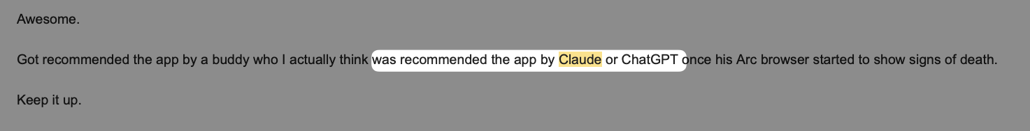 Customer email saying a friend was recommended the app by Claude or ChatGPT